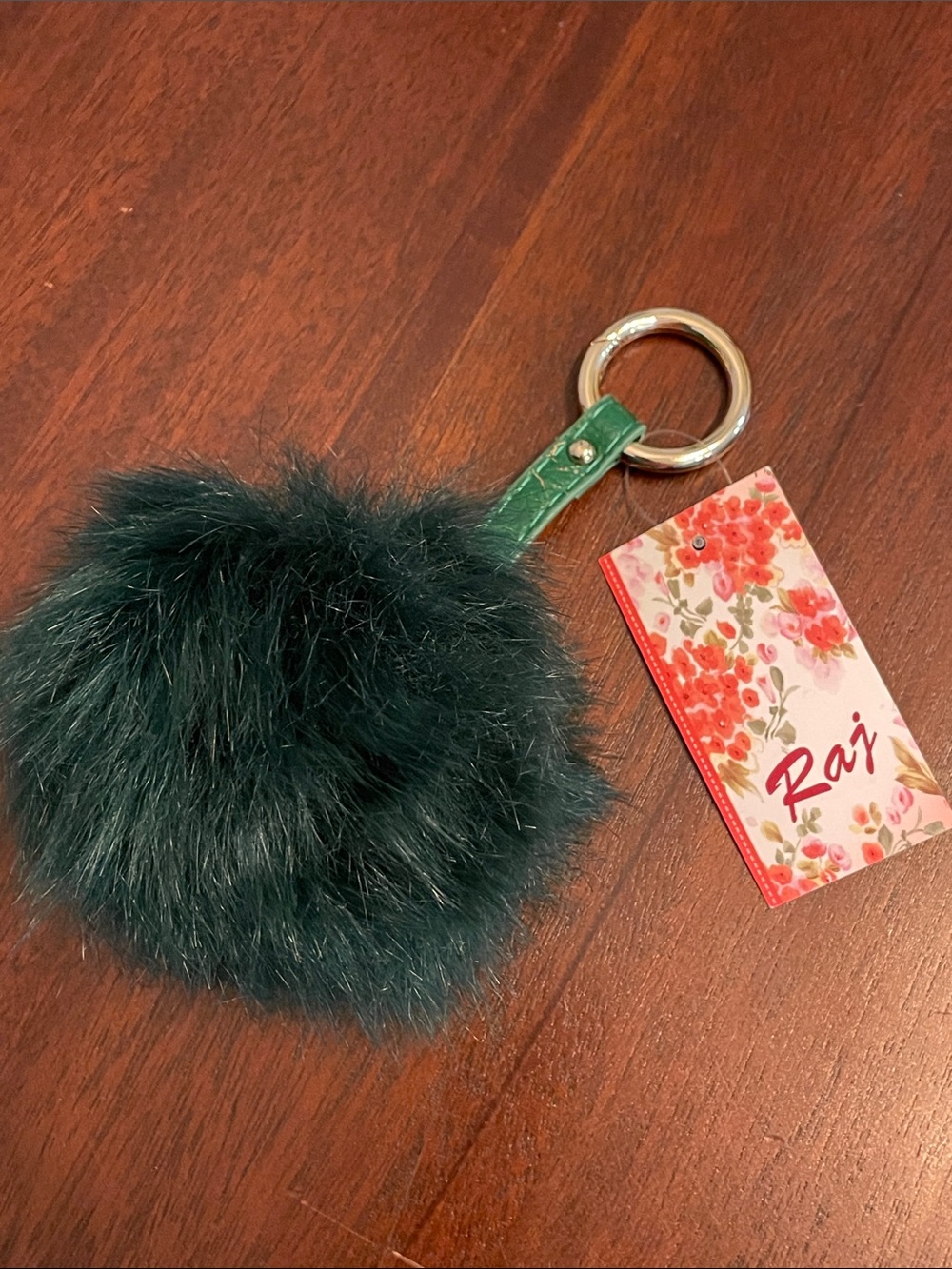 Vintage Raj Dark Green Faux Fur Pom Pom Keychain with Green Strap